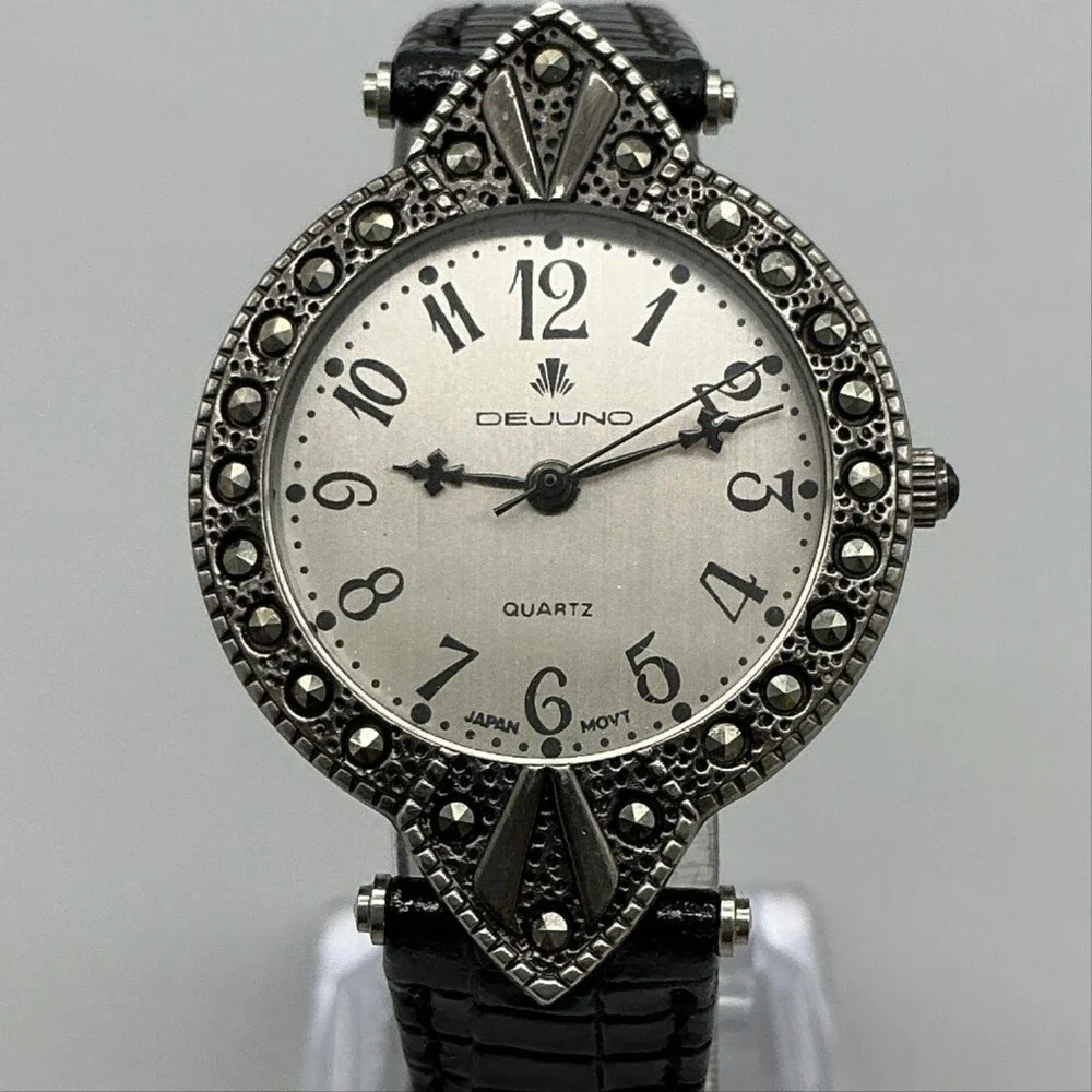 Dejuno Womens Watch 31mm Silver Tone Black Leather Dress Classic New Battery